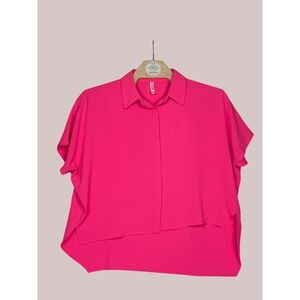 Zenana Hot Pink Short Sleeve Collared High Low Blouse Size Large NWOT